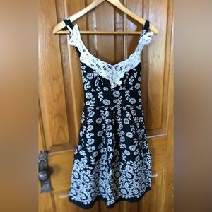 Navy and White Floral Dress with Lace Accents